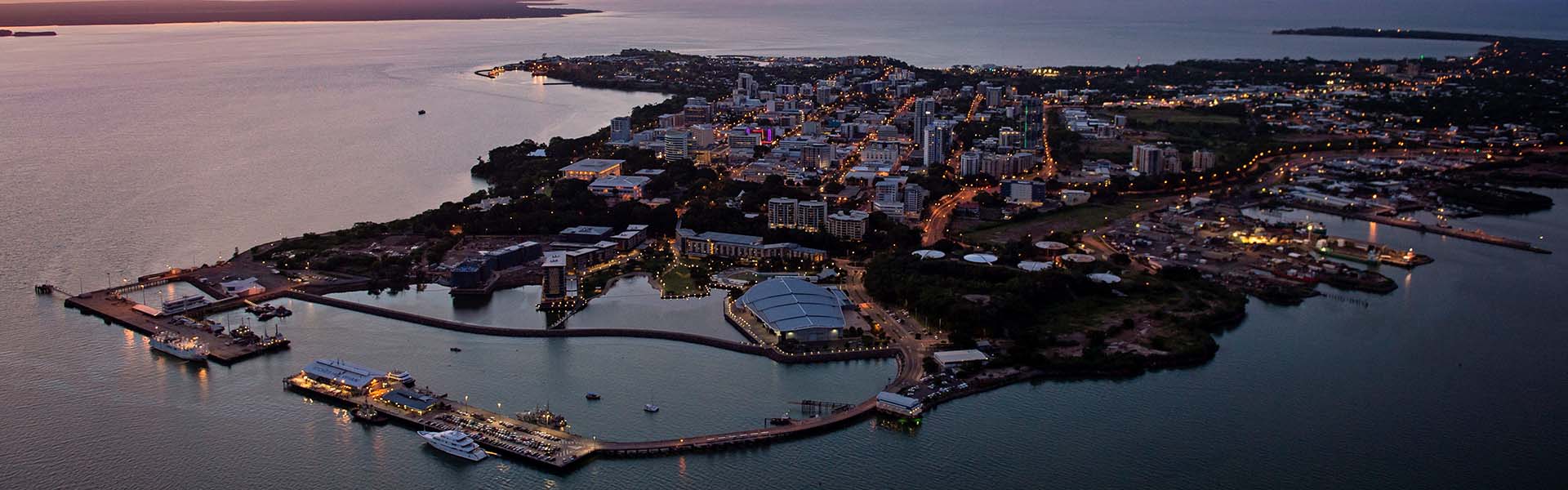 Darwin city aerial at sunset Mandatory credit Tourism NT Shaana McNaught